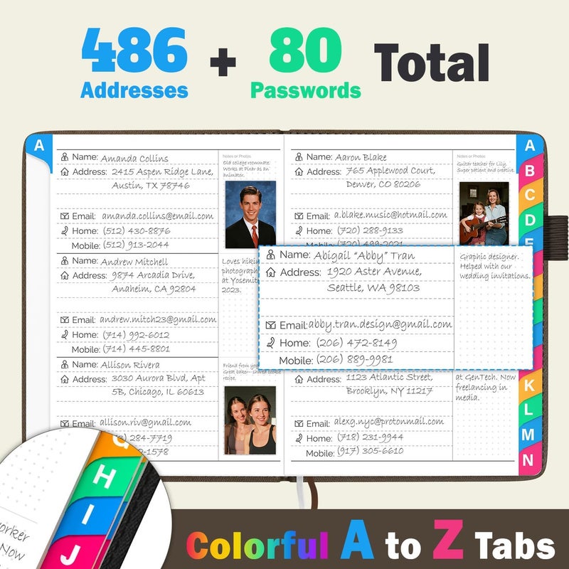 Witsbrez Address Book with Colorful Alphabetical Tabs, 4.7" X 6.2" Hardcover Address and Phone Number Book for Record Contacts, Telephone Address and Password Book Combo for Seniors (Royal Brown) - Image 2